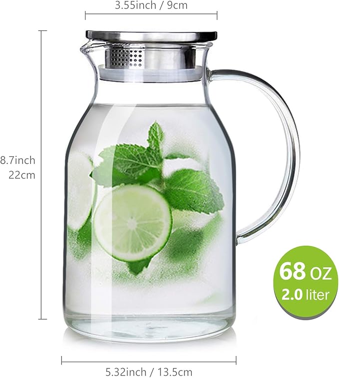 68OZ Glass Pitcher with Lid and Spout - High Heat Resistance Pitcher for Hot/Cold Water & Iced Tea (2.0L)