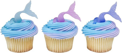 DECOPAC Mermaid Tail Wrap Cupcake Rings, Cake Toppers, Multicolored Food Safe Decorations For Parties– 24 Pack