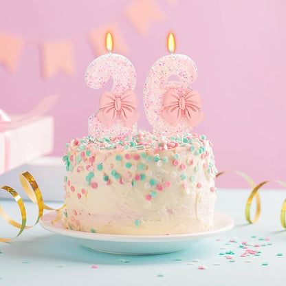 26th Birthday Candles for Cake, Pink Bow Number Cake Candles, 2.76 inch Number Happy Birthday Candle, Cake Topper Decoration for Birthday Party (Number 26)