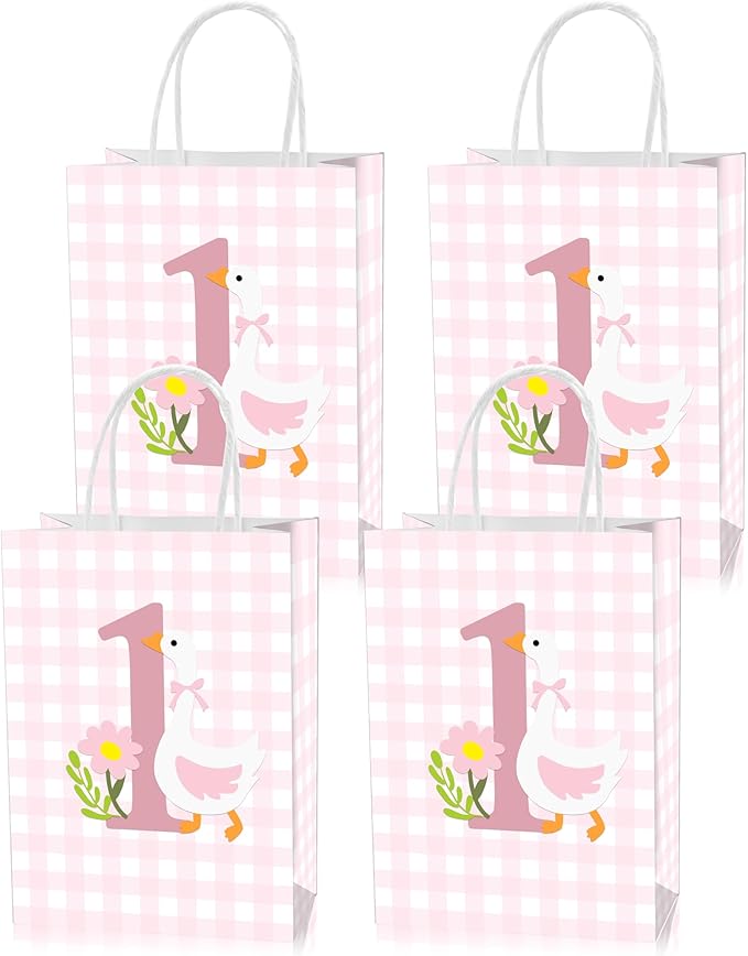 Roselush 16 Pcs Goose 1st Birthday Goodie Bag,Pink Gingham Goose 1st Bday Gift Snacks Treat Candy Party Favors Bags for Girls First Birthday Party Decorations Supplies