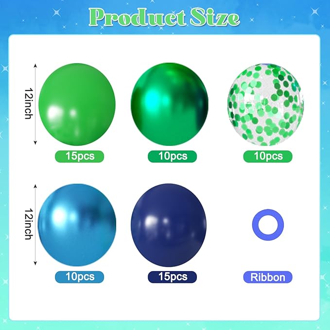 Blue and Green Balloons, 60Pcs 12Inch Metallic Navy Blue Metallic Light Green Confetti Balloons for Dinosaur Graduation Baby Shower Birthday Party Decorations