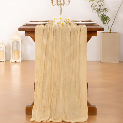 Socomi 3pcs Gold Champagne Cheesecloth Table Runner Fall Thanksgiving Boho Rustic Gauze 120 inch 10FT Cheese Cloth Runner for Wedding Party Baby Shower Birthday Home Decor Holiday Decorations