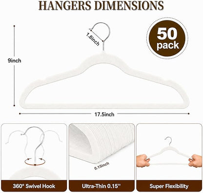 Velvet Hangers 50 Pack, Non Slip Clothes Hangers with Shoulder Notches, Slim Felt Hanger with 360° Swivel Hook, Space-Saving, for Coat, Shirt, Pants, Dress, Suits, White