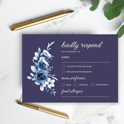 crafty-bell Glossy Finish Personalized Wedding RSVP Response Cards with White Envelopes, Blue Floral Design, 15 Count Respond Cards in Glossy Finish (Navy Blue)