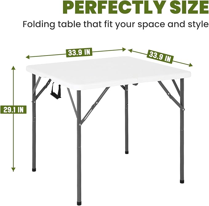 FDW 34" Square Plastic Folding Card Table, Portable Fold-in-Half Plastic Picnic Party Table with Carrying Handle, White