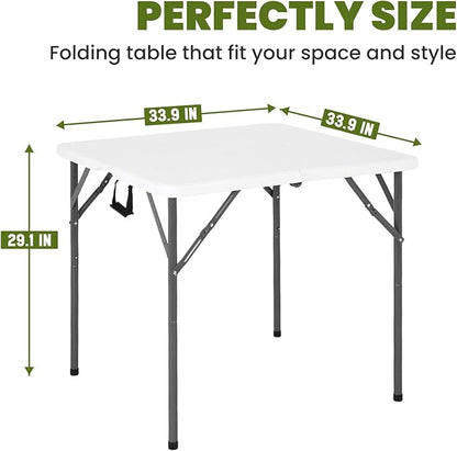 FDW 34" Square Plastic Folding Card Table, Portable Fold-in-Half Plastic Picnic Party Table with Carrying Handle, White