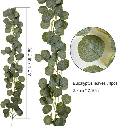 2 Pack Artificial Eucalyptus Garland Faux Silk Leaf Silver Dollar Eucalyptus Leaves Vines Handmade Garland Greenery Wedding Backdrop Indoor Outdoor Arch Wall and Party Home Decoration