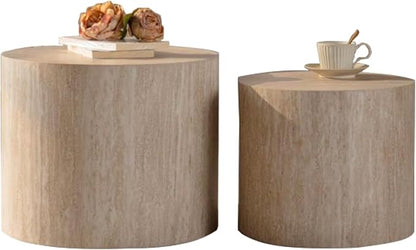 Round Wooden Nesting Coffee Table Set of 2, Circle Modern Accent End Side Table