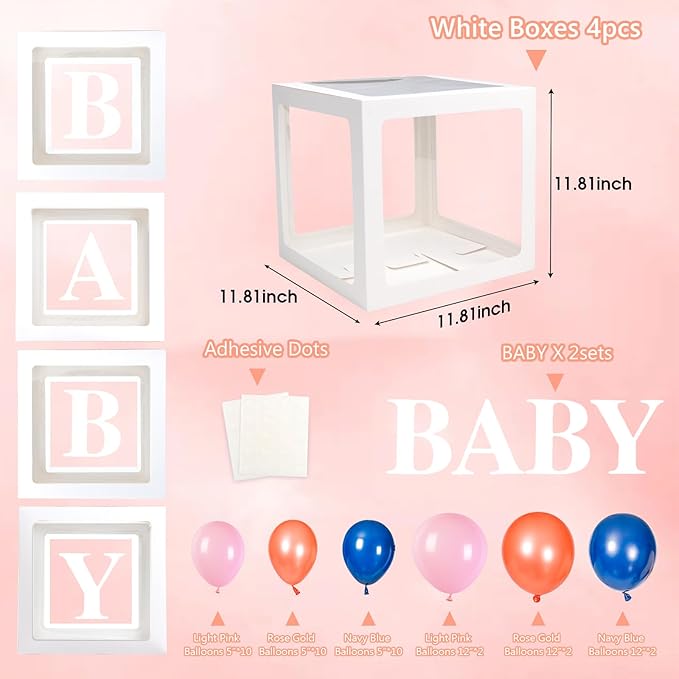 Voircoloria Baby Boxes with Letters for Baby Shower, Baby Shower Decorations with 4 Balloon Boxes for Gender Reveal Baby Shower Decorations(Navy and Rose Balloons)