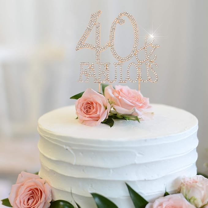 40 & Fabulous Cake Topper 40 Years Birthday Or 40th Wedding Anniversary Gold Crystal Rhinestone Party Decoration