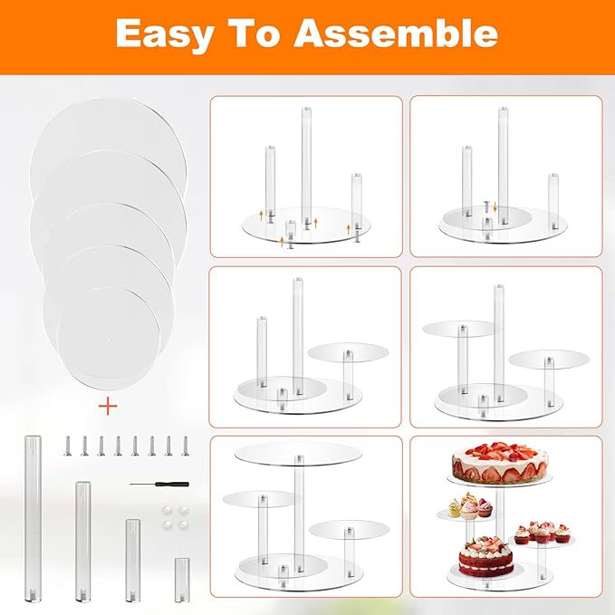 Frigatebird 4 Tier Acrylic Round Cake Stand for 8-12 Inch Cakes, Clear Multi-Layer Dessert Display Stand for Wedding, Birthday Parties