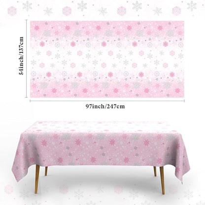 2 PCS Pink Plastic Snowflake Tablecloth(54x108 Inch) Frozen Birthday Winter Wonderland Decorations Disposable Table Cover Tablecloths for Christmas Holiday New Year Party Favors Supplies Decor