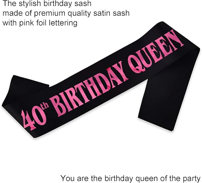 40th Birthday Queen Sash, Pink Foil Black Satin Birthday Sash for Women 40th Fabulous Birthday Party Gift Decorations Favors