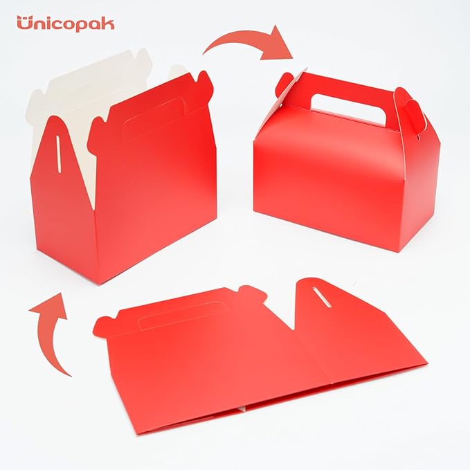 UnicoPak 30 Pack Party Favor Bag Boxes, Gable Gift Boxes with Handles for Candies Treats Goodies Cookies Happy Meals, Ideal for Theme Birthday Party, Classroom Events, Valentine's Day, 6.5x3.5x3.5 Inches