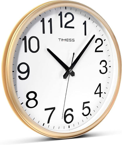 Wall Clock, 11 Inch Large Dial Non-Ticking Silent Battery Operated Quality Analog, Ultra-Quiet Movement Quartz, Timeless Stylish Clock, Ideal Modern Home, Office Décor (Gold)