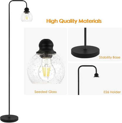 Modern Floor Lamp for Living Room with 6W LED Bulb, Industrial Floor Lamp, Seeded Glass, Black Classic Reading Tall Lamp for Home Office, Standing Lamps for Bedroom, Minimalist, Vintage, Farmhouse