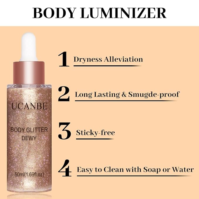 UCANBE Hydrating Body Glitter Dewy Highlighter Makeup Luminizer Drops Body Shimmer Liquid Face Glow Sparkles for Women Gifts (Rose Gold - 03)