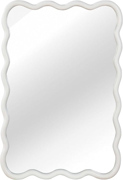 36x24 Inch Wooden Wavy Rectangle Wall Mirror, Modern Solid Wood Frame Decorative Accent Mirror for Bedroom, Bathroom, Living Room, Entryway, White