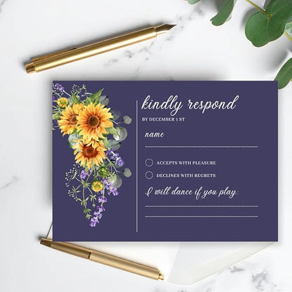 Preprinted Purple and Yellow Sunflower Wedding or Party RSVP Cards, Personalized Response Card Glossy Finish With White Envelopes, Set of 15 with Envelope, 5x3.5 inch Cards (Navy Blue)