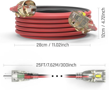 25FT 14/3 Gauge Medium Duty Outdoor Extension Cord Waterproof with Locking LED Lighted Plugs, SJEOW All-Weather Jacket (-50°C to 105°C), 15amp 1875W, 3 Prong, ETL Certified