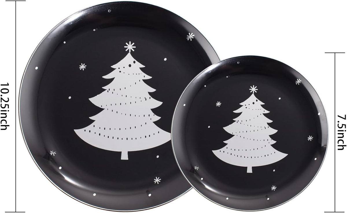 WDF 50 Pieces Christmas Plates Plastic - Black and Silver Plates with Christmas Tree include 25 Dinner Plates, 25 Salad Plates - Black Silver Party Plates for Christmas, Winter