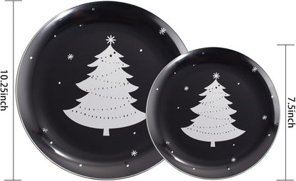 WDF 50 Pieces Christmas Plates Plastic - Black and Silver Plates with Christmas Tree include 25 Dinner Plates, 25 Salad Plates - Black Silver Party Plates for Christmas, Winter