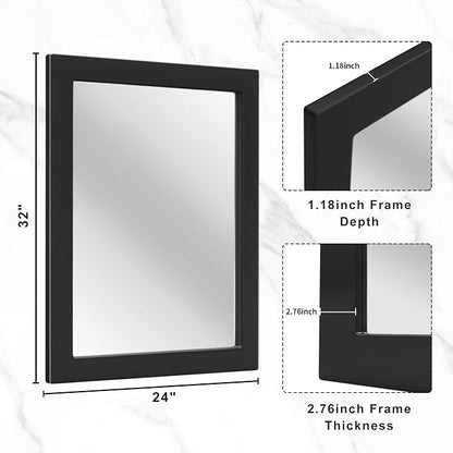 32''x24'' Rustic Wall Mirror for Bathroom Black Wood Frame, Classic Rectangle Mirror Farmhouse Vanity Wall Mirror Decor Living Room, Bedroom, Entryway