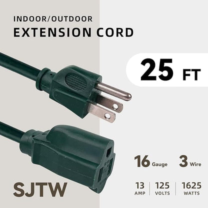 25ft Outdoor Extension Cord - 16/3 Heavy Duty SJTW Waterproof Green Electrical Cable with 3 Prong Grounded Plug for Safety, Great for Lawn and Major Appliances