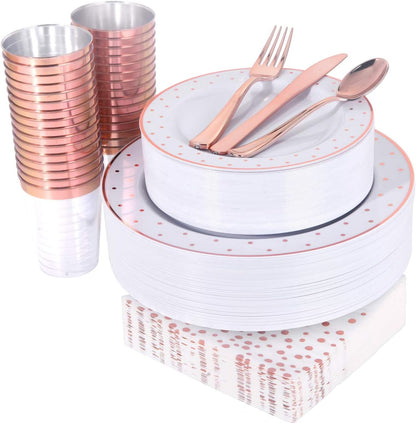 WELLIFE 350 PCS Rose Gold Plastic Plates, Disposable Rose Gold Plates, Includes: 50 Dinner Plate, 50 Dessert Plate, 50 Forks, 50 Knives, 50 Spoons, 50 Cups, 50 Dot Napkins for Weddings and Party
