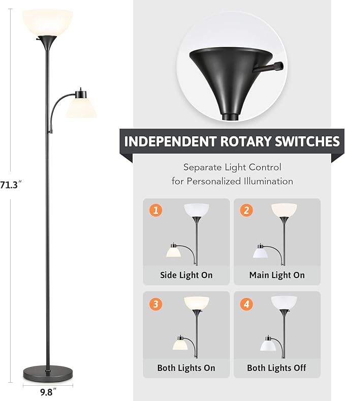 VONLUCE Torchiere Floor Lamp, 71" Standing Lamp with Adjustable Reading Lights & 2 Bulbs, 3 Color Temperatures Modern Tall Pole Lamp for Living Room Bedroom Corner, Black