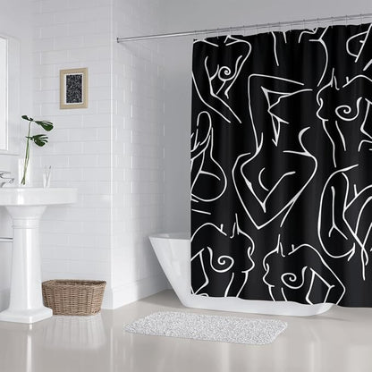 Black White Shower Curtain Abstract Woman Naked Nude Line Minimalist Sexy Girls Modern Art Decor Aesthetic Fabric for Home Bathroom Waterproof Fabric 72Lx60W Inch with Plastic 12PCS Hooks