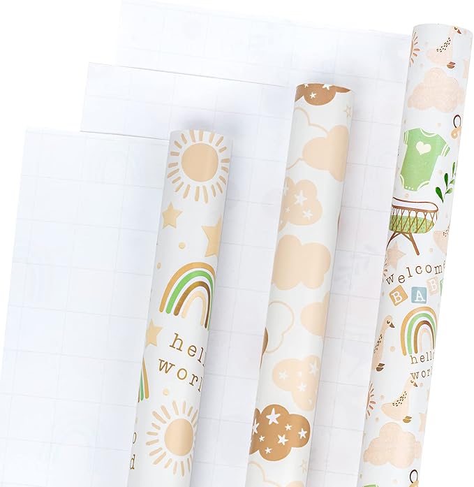 LeZakaa Baby Shower Wrapping Paper Roll, Baby Suit Rainbow Sun Sweet Clouds in Khaki, for Baby Boys Girls, 1st Birthday, Newborn Party, Mini Roll with Cut Lines, 17 x 120 inches, 3 Rolls