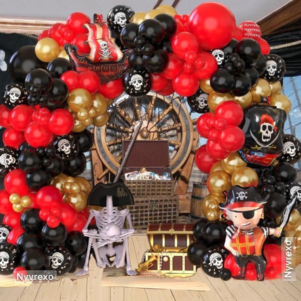 Pirate Birthday Party Decorations, 142Pcs Red Black Metallic Gold Balloon Garland Arch Kit Pirate Ship Foil Mylar Balloon for Halloween Pirate Summer Pool Sea Sailing Adventure Ocean Theme Party