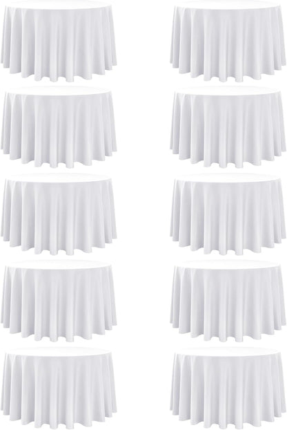 10-Pack White Round Tablecloths, 108 Inches, Stain-Resistant Polyester for 4-5 Ft Round Tables - Washable Table Covers for Weddings, Banquets, Birthday Parties, Events