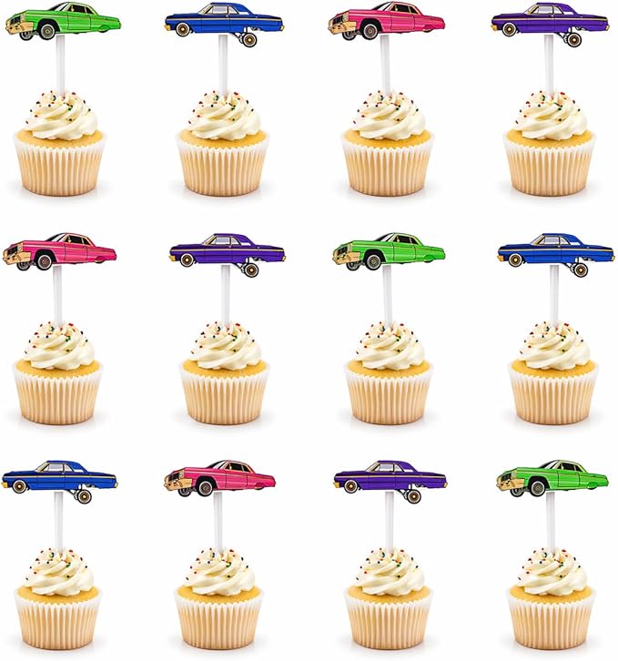 24 PCS Lowrider Cupcake Toppers - Lowrider Party Decorations - Cholo Theme Party - Lowrider Car Birthday Decorations - Pink, Blue, Green, Purple