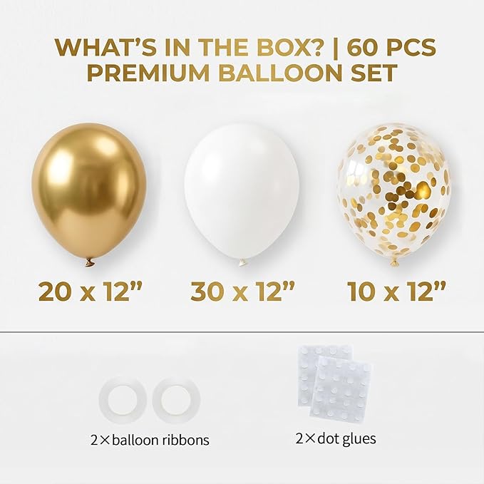 60pcs White and Gold Balloons Kit, 12 Inch Chrome Metallic Gold White Gold Confetti Latex Balloons Set for Class of 2026 Graduation, Baby Bridal Shower Wedding Birthday Party Supplies