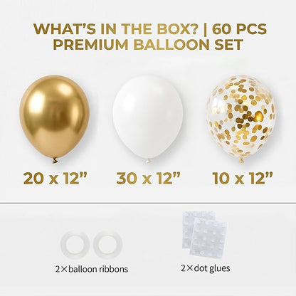 60pcs White and Gold Balloons Kit, 12 Inch Chrome Metallic Gold White Gold Confetti Latex Balloons Set for Class of 2026 Graduation, Baby Bridal Shower Wedding Birthday Party Supplies