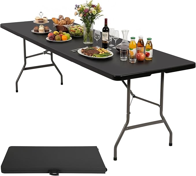 8Ft Folding Table - Heavy Duty Portable Camping Table for Backyard BBQ, Picnic Party, Tailgating & Indoor Events - Water-Resistant Top, Sturdy Steel Frame, Anti-Tip Design, Easy Clean, Black