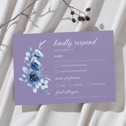 crafty-bell Glossy Finish Personalized Wedding RSVP Response Cards with White Envelopes, Blue Floral Design, 15 Count Respond Cards in Glossy Finish (Purple)