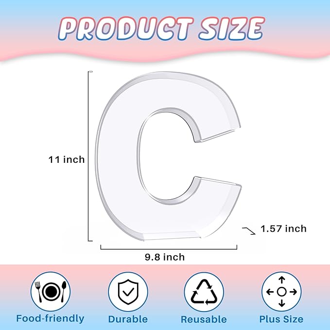 11" Acrylic Letter Charcuterie Box, Reusable Fillable Alphabet Number Shaped Form Tray for Birthday Anniversaries, Party Decorative Serving Plates Display Candy Cake (C)