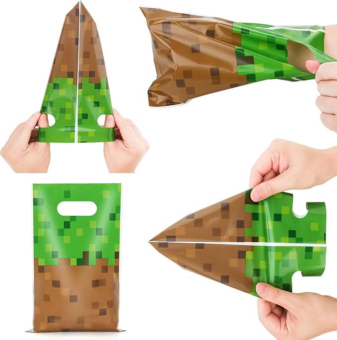 ADARRO 50PCS Pixel Birthday Party Favor Bags, Green and Brown Pixel Video Game Theme Party Goodies Candy Snack Treat Bags