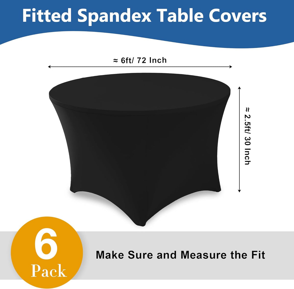 Fitted Table Cloth Round Cover 6ft-Spandex Elastic Table Covers 6 Pack 72 Inch-Black Small Stretch Folding Tablecloth for Weddings Banquets Restaurant Event Parties Vendor Stand Tables
