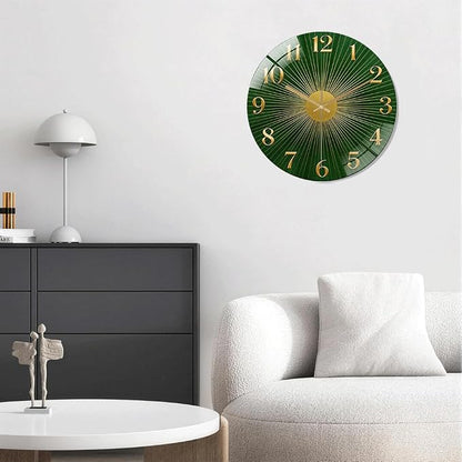 12 Inch Green Sunburst Glass Wall Clock Silent Art Decor | Silent glossy clock with an emerald green sunburst and gold numbers, elegantly tracking time for your living room