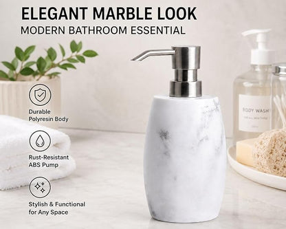 Clasin Home Resin Hand Soap Dispenser, Refillable Soap Dispenser with White Marble Look and Metallic Pump, Waterproof Bottle Labels for Bathroom Kitchen Dish Hand Wash Shower Lotion Shampoo (12 Oz)