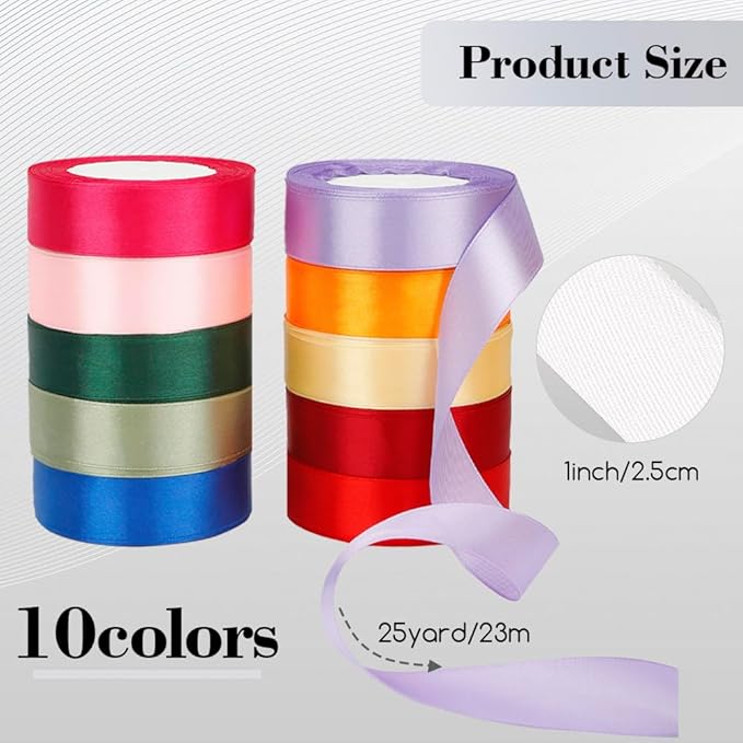 Rainbow Ribbon Assortment - 10 Rolls, 1 Inch, Pastel & Red, Colorful, Perfect for Crafts, Hair Bows, Graduation & Bachelorette Parties
