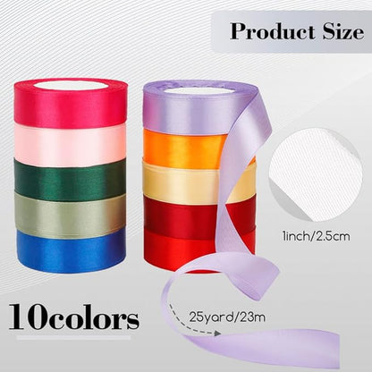 Rainbow Ribbon Assortment - 10 Rolls, 1 Inch, Pastel & Red, Colorful, Perfect for Crafts, Hair Bows, Graduation & Bachelorette Parties