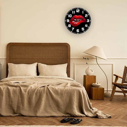 Red Lips Wall Clock Sexy Biting Lips on Black Background Battery Powered Wall Clock Silent Non Ticking 10 Inch for Living Room, Kitchen, Home,Bathroom, Bedroom