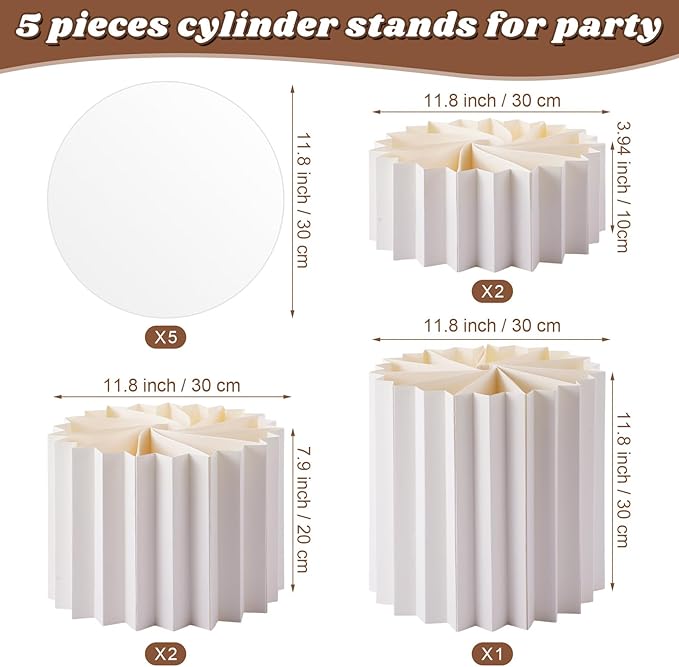 Capoda 5 Pieces Buffet Risers - 12" Cylinder Party Stands with Acrylic Plates Foldable Food Display Risers for Dessert Jewelry Cupcake Catering Supplies Wedding Birthday Party Table Decoration(White)