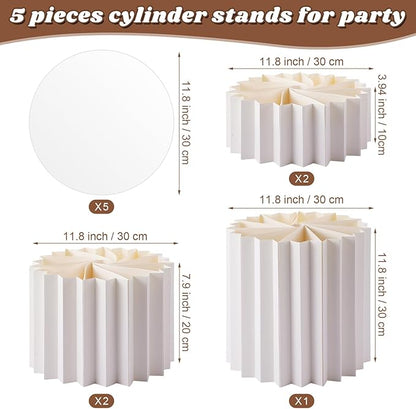 Capoda 5 Pieces Buffet Risers - 12" Cylinder Party Stands with Acrylic Plates Foldable Food Display Risers for Dessert Jewelry Cupcake Catering Supplies Wedding Birthday Party Table Decoration(White)