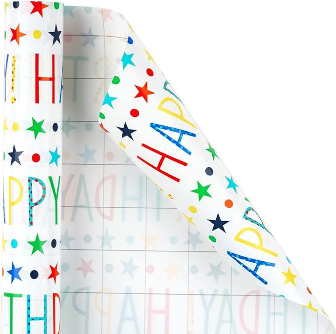 MAYPLUSS Blue Birthday Wrapping Paper Roll - 17 X 120 Inch - Colorful Happy Lettering, Cake, Gift Box Pattern for Kid Boys Party, Baby Shower, Holiday
